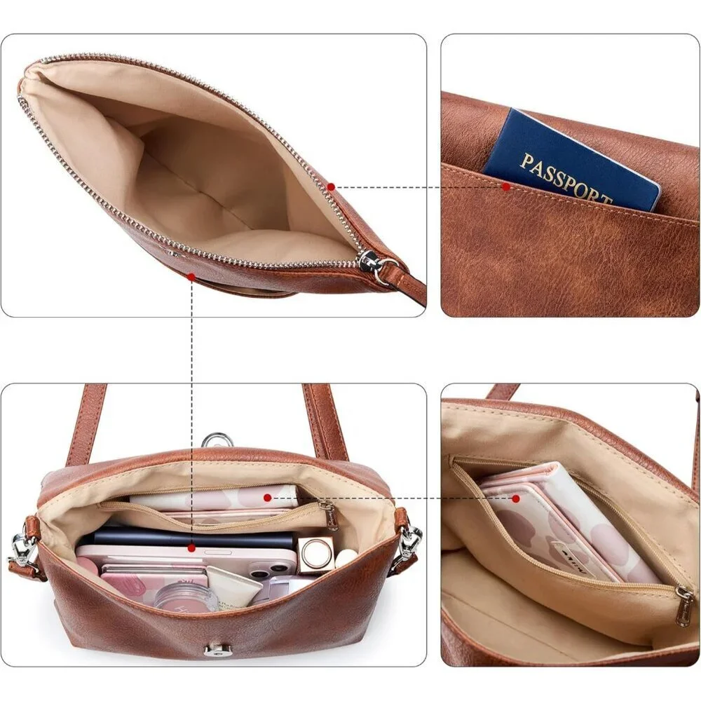 Vegan Leather Crossbody Bag Women Small Purse Retro Zip Multiple Pockets Adjusta